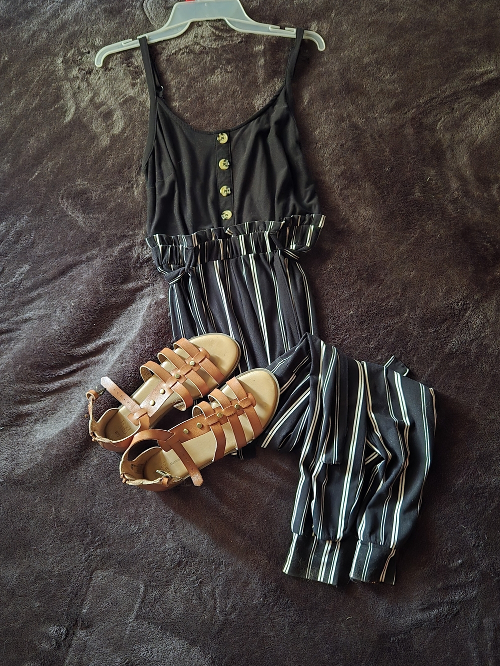 Striped Black Sleeveless Jumpsuit with Button Front &brown Sandles